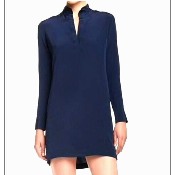 Vince Silk Tunic Shift Dress Size 2 Blue Stretch Pockets V-Neck L/S Minimalist - Picture 12 of 12